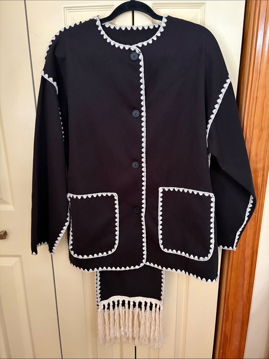Jackets & Blazers - Black Women's Button-Front Coat with White Trim and Fringe/Scarf